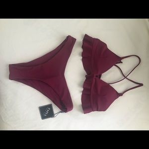 ZAFUL Ruffle Lace Up High Leg Bikini Swimsuit.